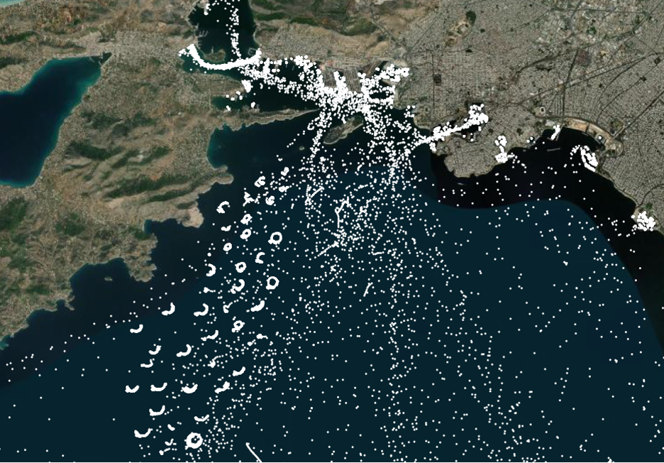 AIS messages (white dots) transmitted in the Saronic Gulf, where the Port of Piraeus is located, during a single day in July 2020.